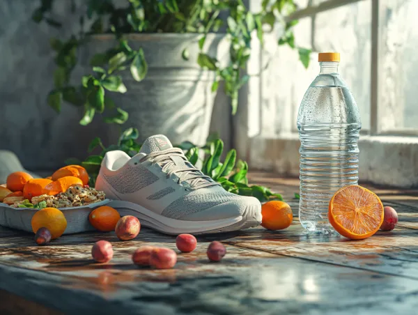Alimentazione sportiva con scarpe da corsa, frutta e bottiglia d’acqua su un tavolo